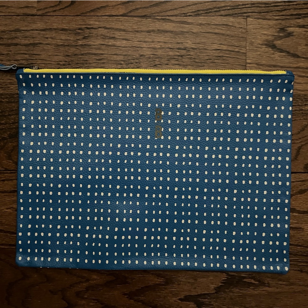 NWOT Blue and white polka dot leather pouch:clutch